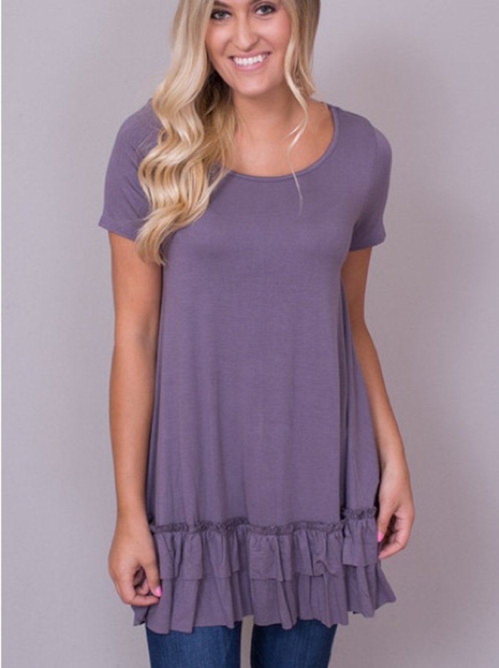 easel Purple Short-Sleeve Ruffle Hem Swing Top small